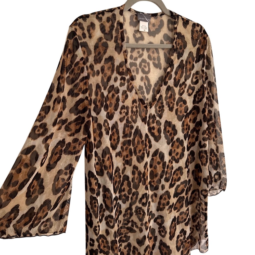 Leopard Print Sheer Mesh Tunic Top Brown Medium Beach Resort Vacation Chic